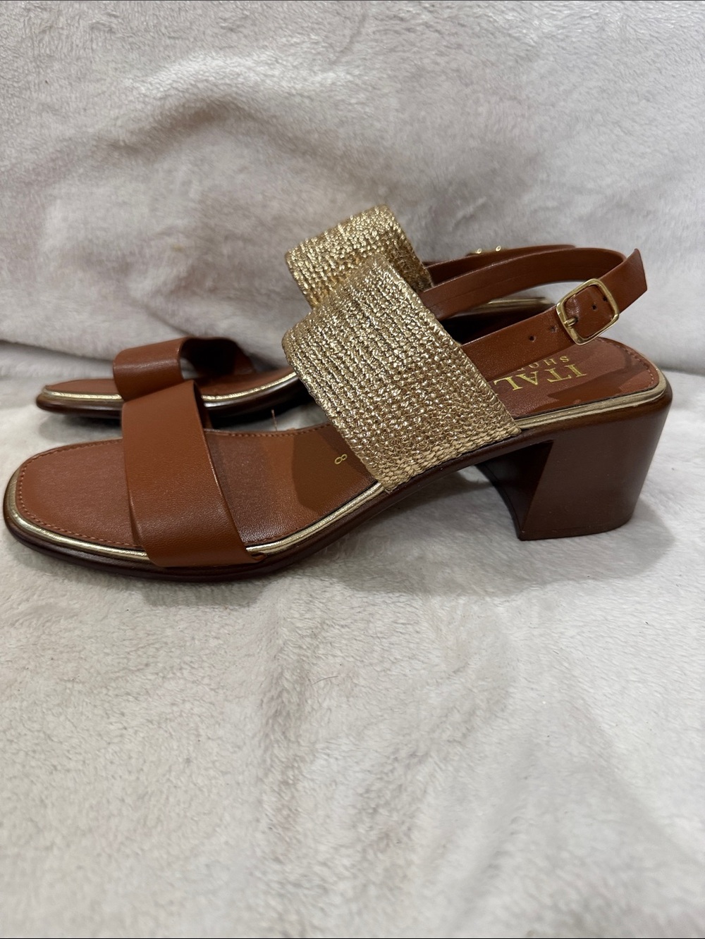 Italina Brown with Gold Woven Strap Mid Block Heel Sandals